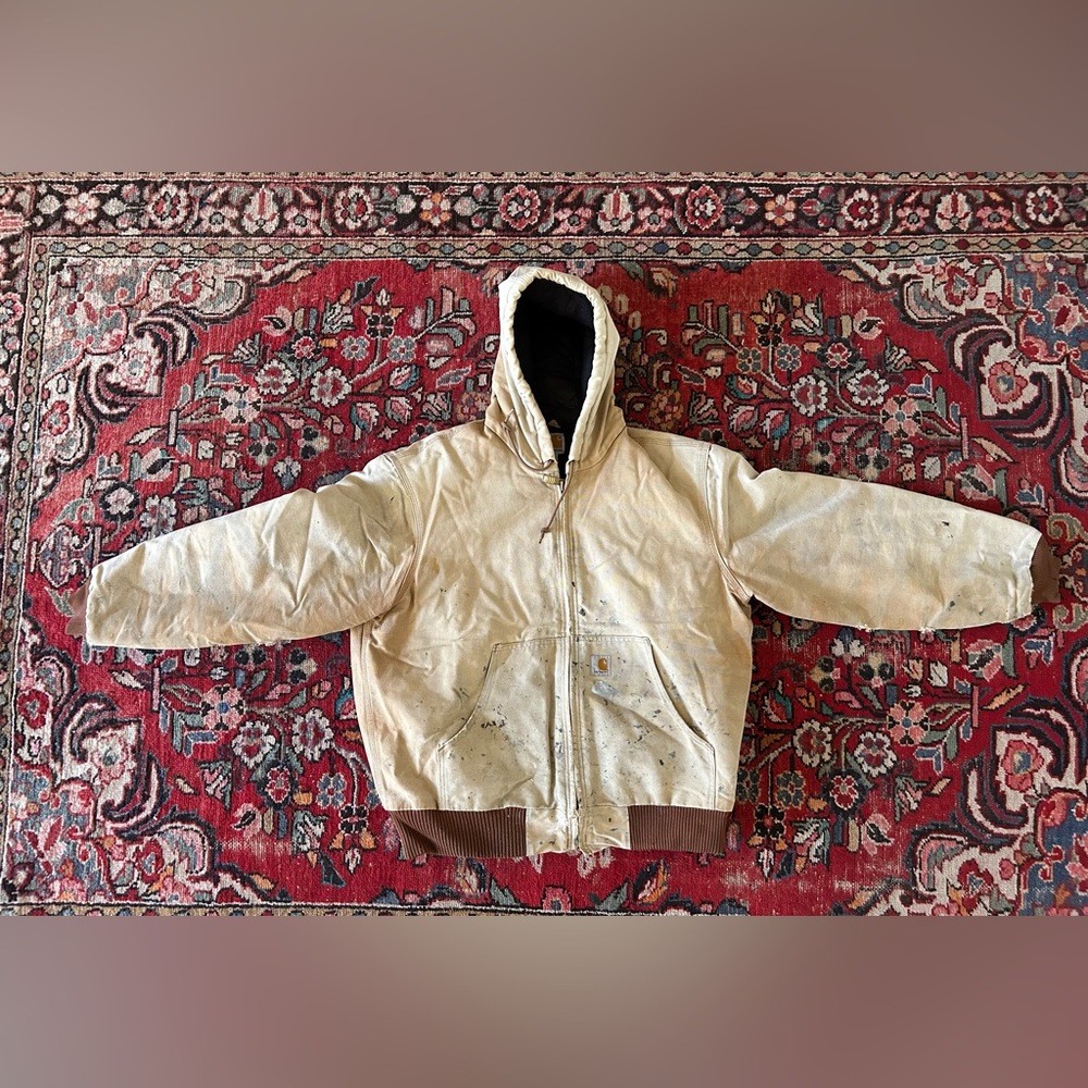 Distressed Carhartt Tan Hooded Jacket L